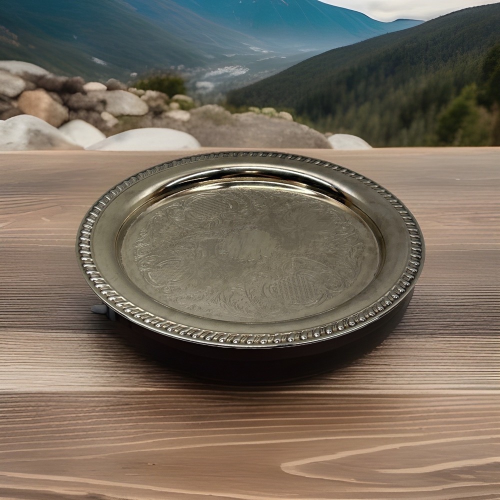 Vintage Leonard‎ Silver Plate Round Etched Floral Serving Tray Gadroon Rim